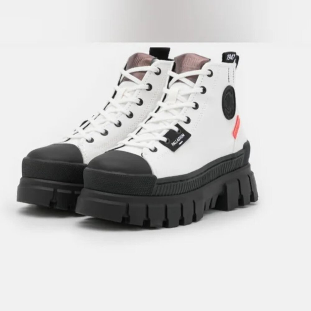 NEW Palladium Black White Canvas Chunky Lug Sole Y2K High Top Vegan Combat Boots - Picture 8 of 13